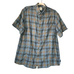 ROWM blue and tan‎ cotton blend plaid button down casual shirt. Size L